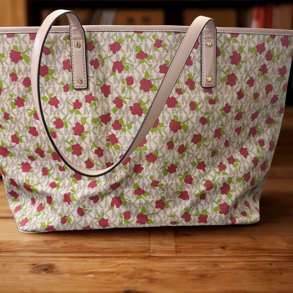 Michael Kors Carter Large Open Floral Tote Bag with Red and Green Design